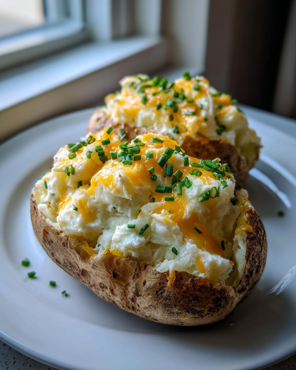 Two perfectly prepared twice baked potatoes stuffed with creamy filling, topped with melted cheddar cheese and fresh chives.