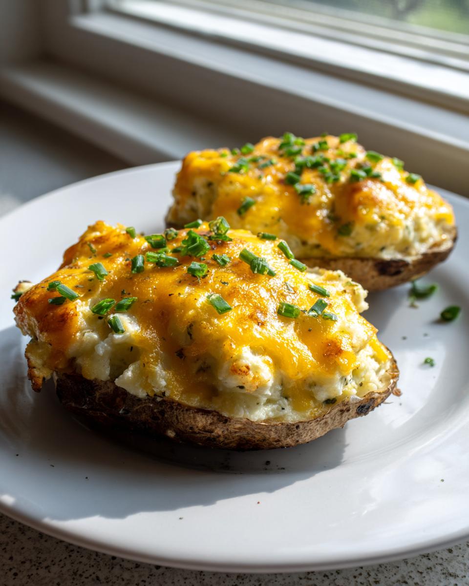 Two perfectly prepared twice baked potatoes topped with melted cheddar cheese and fresh chives.