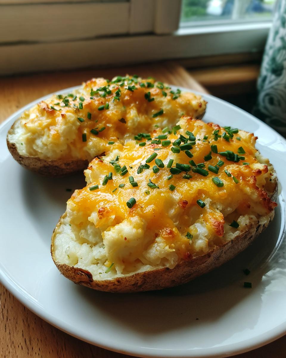 Two halves of twice baked potatoes filled with creamy mashed potato, topped with melted cheddar cheese and fresh chives.