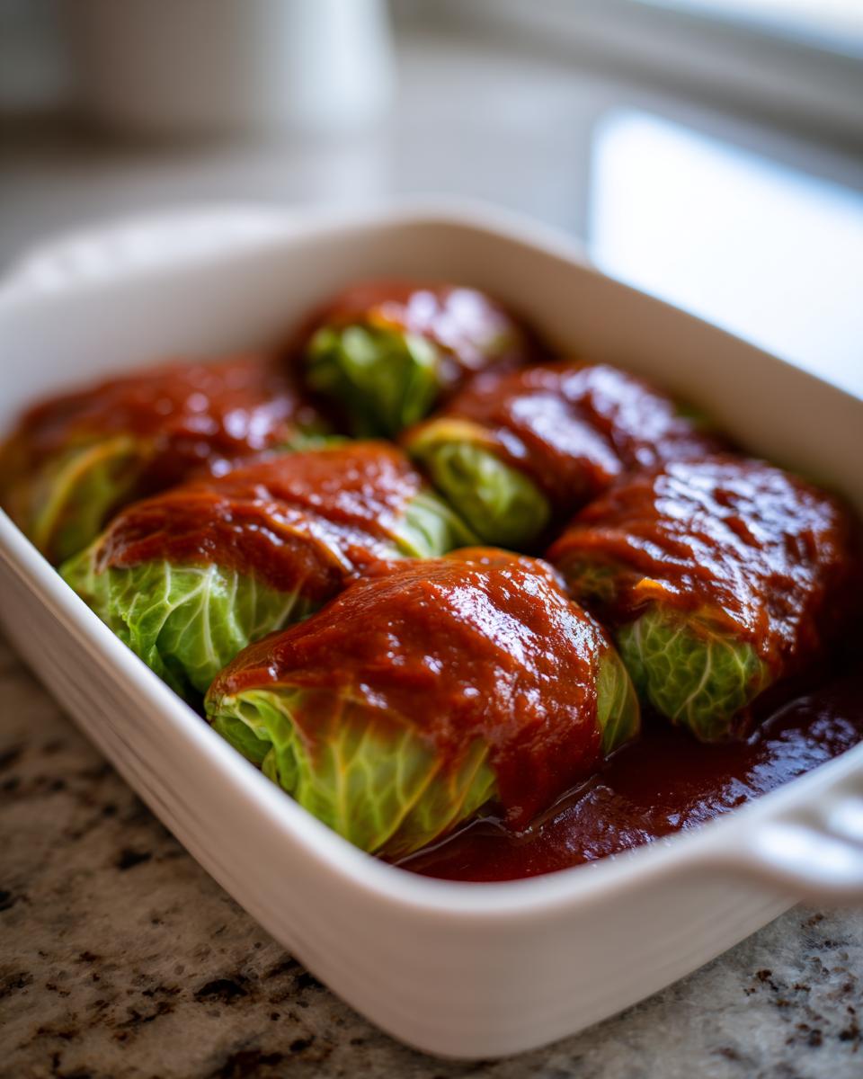 Six uncooked cabbage rolls nestled in a white baking dish, covered generously with a rich tomato sauce.