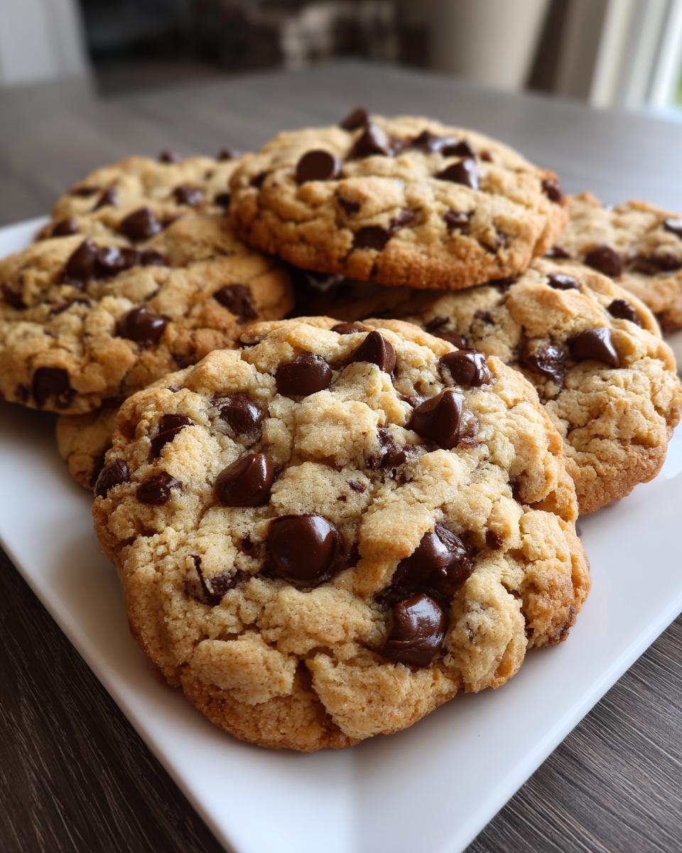 Close-up of several thick, chewy vegan chocolate chip cookies piled on a white plate.