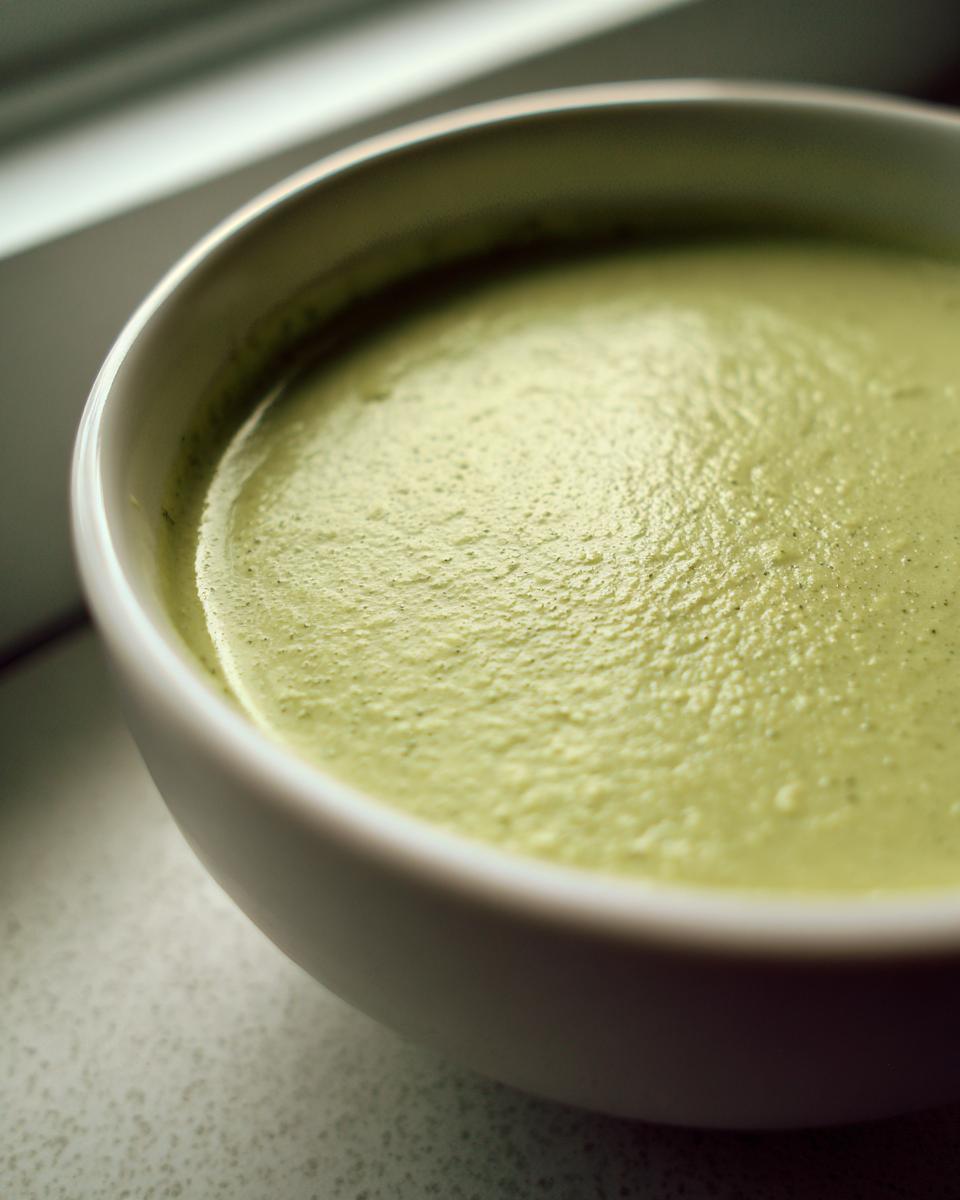 Close-up of a creamy, pale green velvety celery soup filling a white bowl.