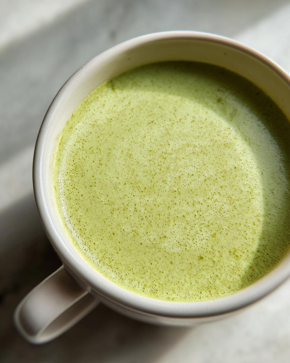 Overhead close-up of velvety, bright green celery soup with a slight foam topping served in a white mug.