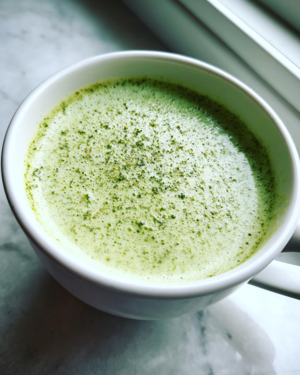 Close-up of velvety, light green celery soup topped with fine green flecks in a white mug.
