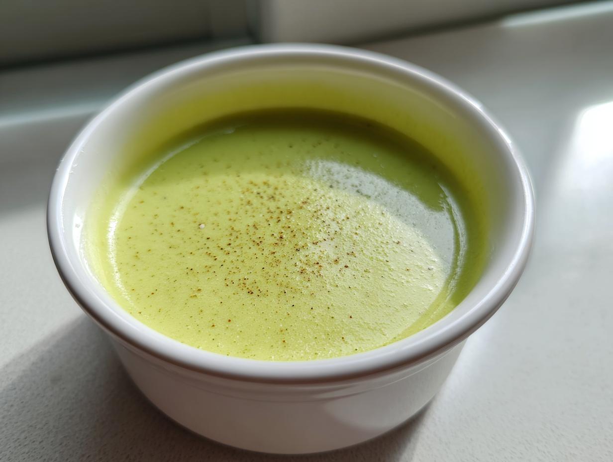 Close-up of velvety celery soup, bright green, served in a white ramekin and topped with freshly ground black pepper.