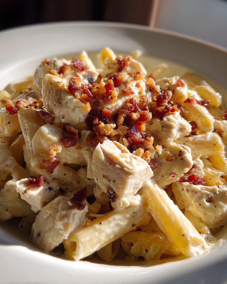 Close-up of creamy chicken bacon ranch pasta featuring chunks of chicken and crispy bacon bits over penne pasta.