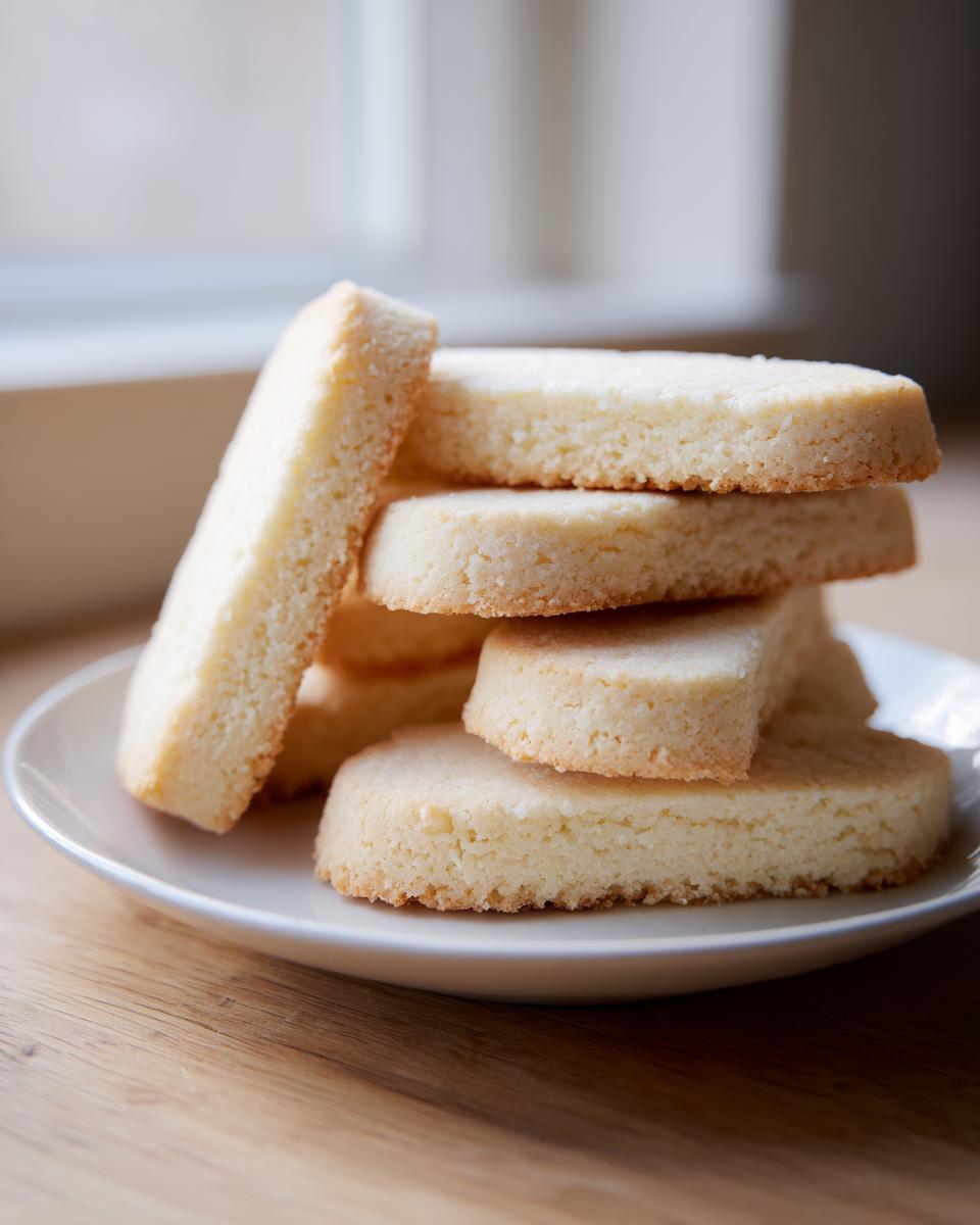 A stack of freshly baked, buttery shortbread cookies resting on a small white plate.