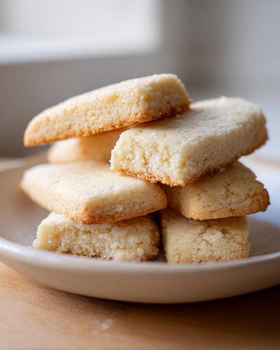 A close-up stack of buttery, rectangular 3 ingredient shortbread cookies on a small white plate.