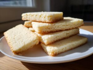 A stack of freshly baked, thick-cut shortbread cookies resting on a white plate, illuminated by sunlight.