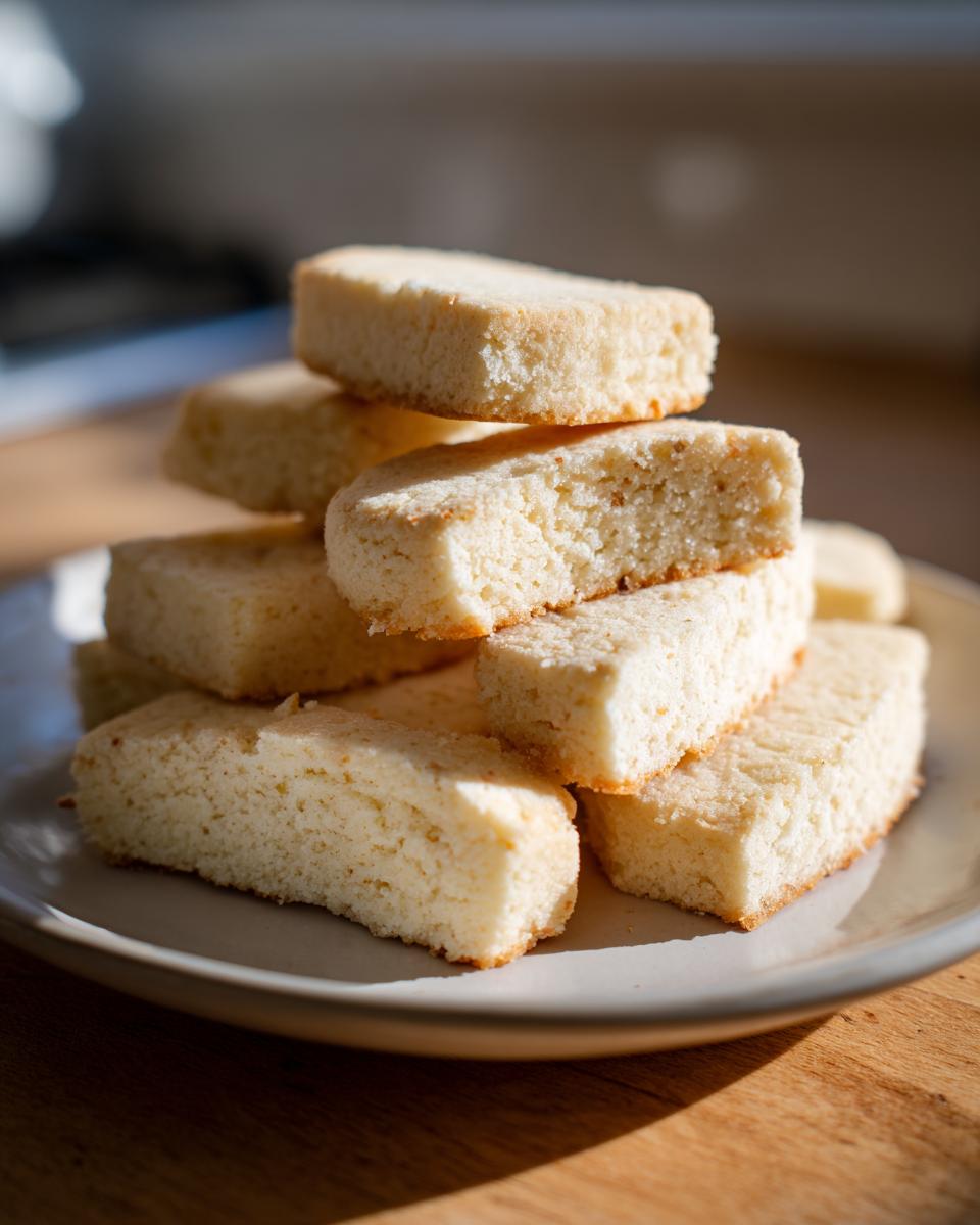 A stack of thick, rectangular 3 ingredient shortbread cookies piled on a light-colored plate.