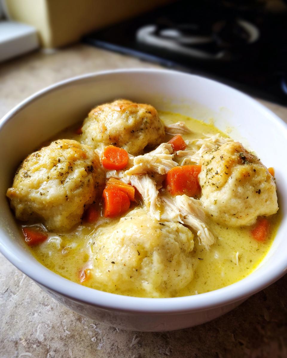 A close-up of a white bowl filled with creamy chicken and dumplings, featuring shredded chicken and bright orange carrots.