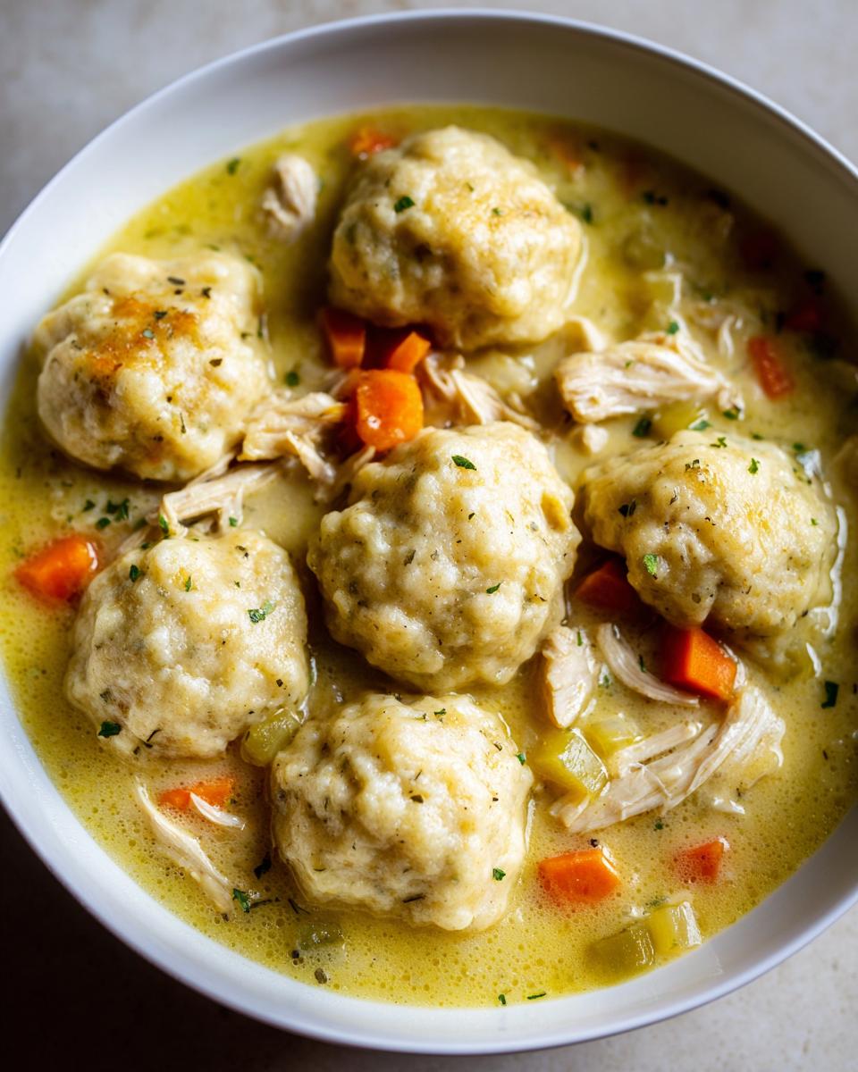 Close-up of fluffy dumplings in a creamy broth with shredded chicken and carrots, featuring delicious chicken and dumplings.