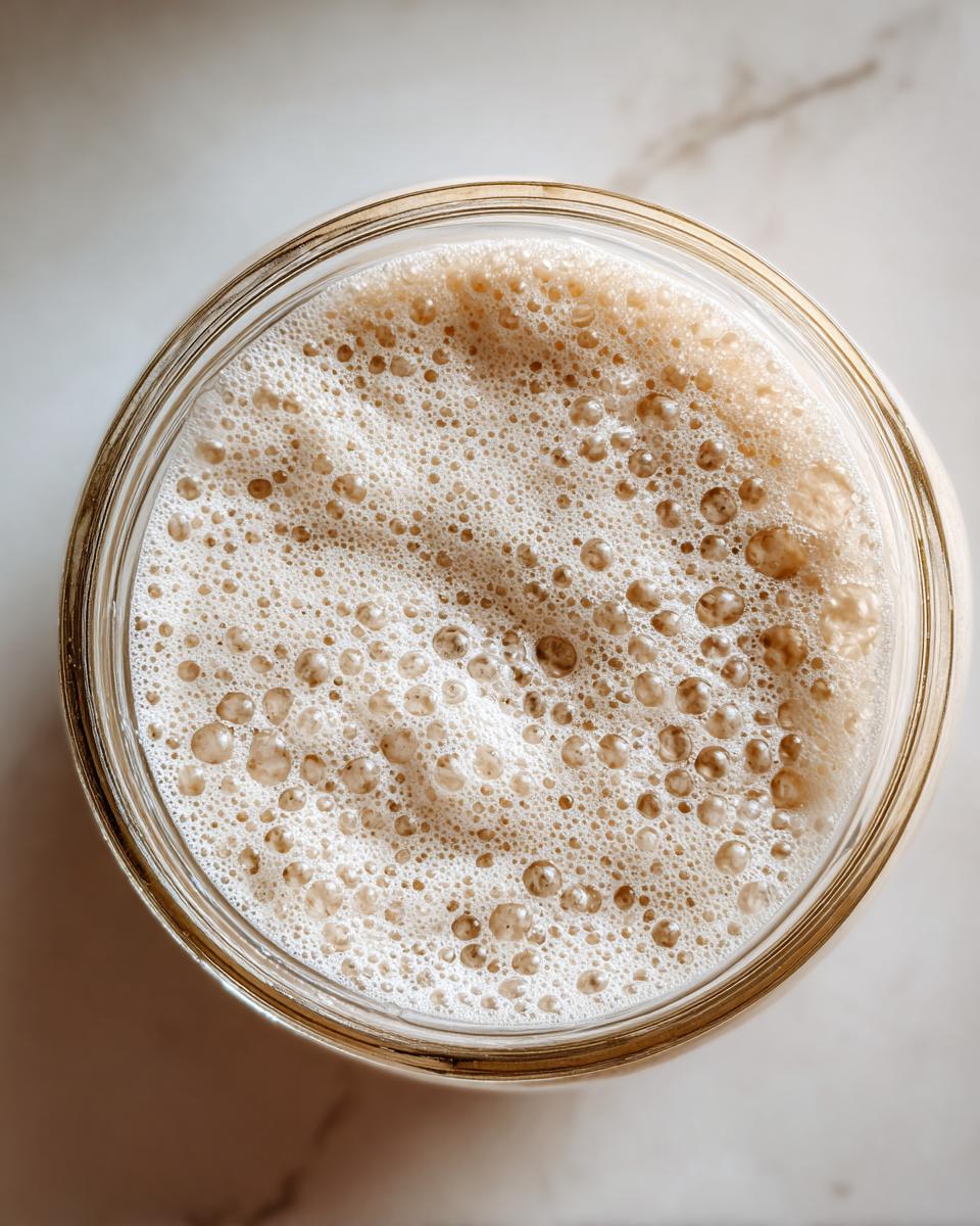 Overhead view of a highly active sourdough starter in a glass jar, showing a thick layer of foam and bubbles.