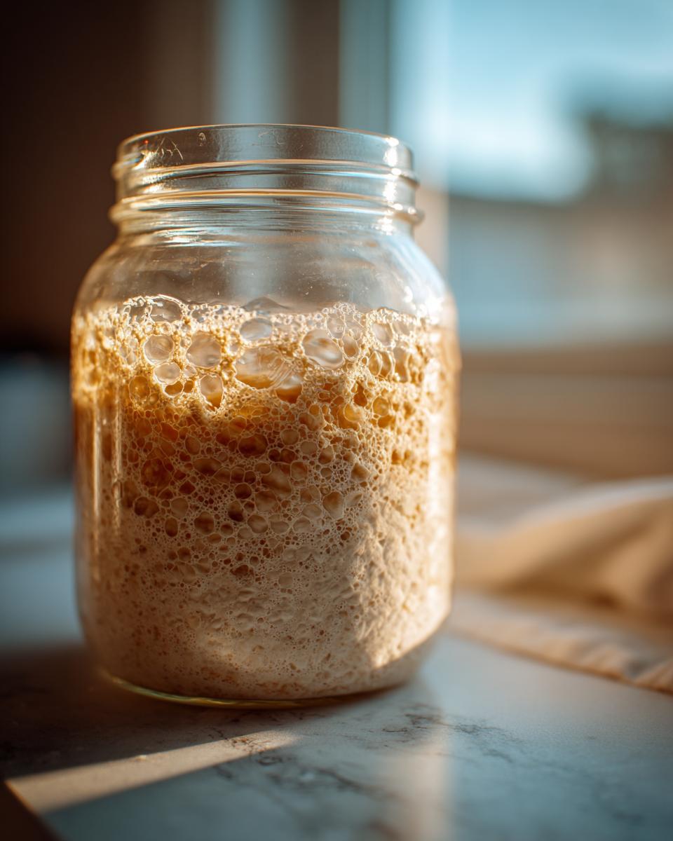 A close-up of an active, bubbly sourdough starter rising vigorously inside a clear glass jar.