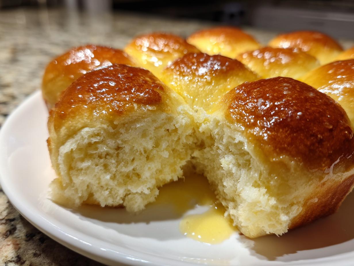 Close-up of soft, pull-apart dinner rolls glistening with butter, one roll broken open to show the fluffy interior.