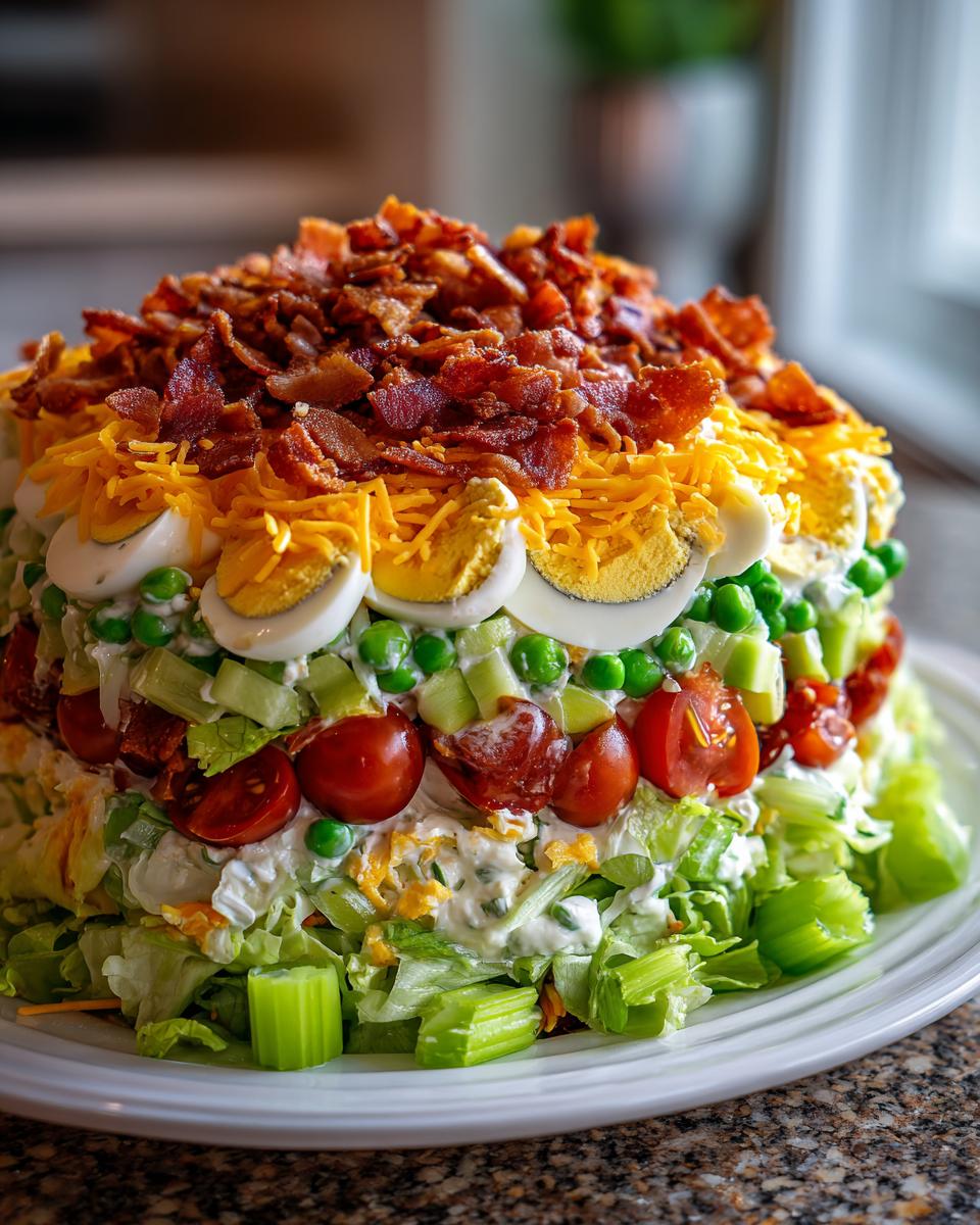 A tall, beautifully constructed 7 layer salad featuring visible layers of lettuce, celery, tomatoes, peas, eggs, cheese, and bacon.