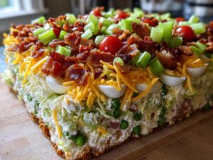 A close-up view of a thick slice of amazing 7 layer salad topped with bacon, cheese, eggs, and celery.