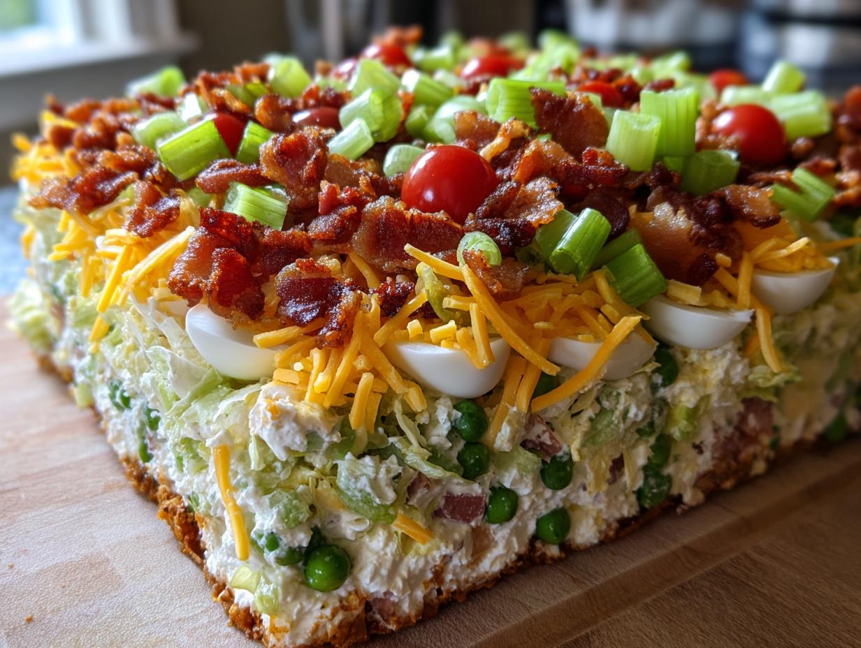 A close-up view of a thick slice of amazing 7 layer salad topped with bacon, cheese, eggs, and celery.