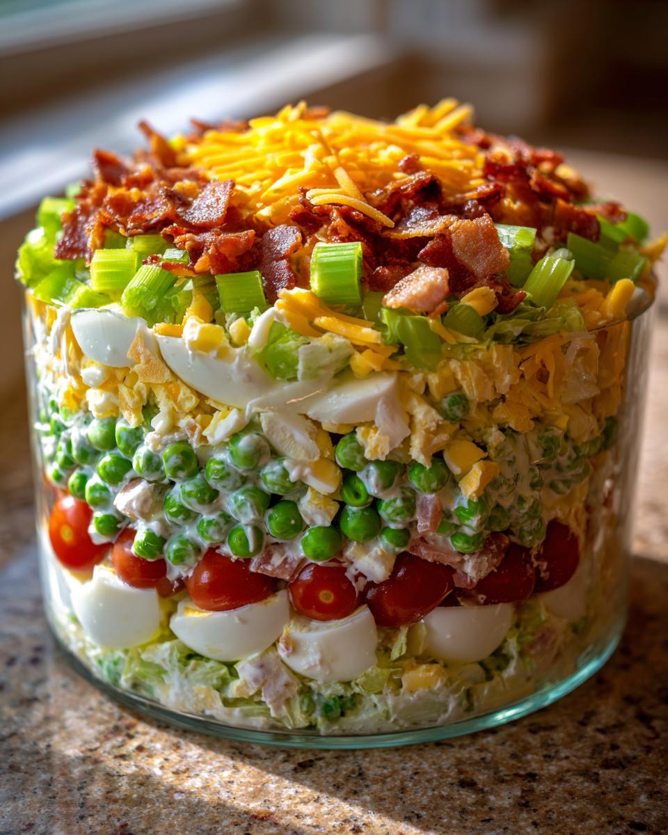 A tall, clear glass bowl filled with a vibrant 7 layer salad, topped with bacon and shredded cheddar cheese.