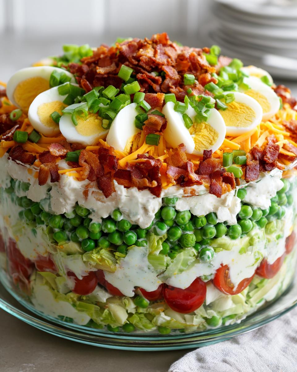 Close-up of an Amazing 7 Layer Salad showing distinct layers of peas, lettuce, tomatoes, dressing, topped with eggs, bacon, and chives.
