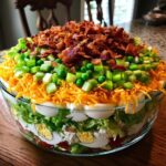 A tall, layered 7 layer salad in a clear glass bowl topped with bacon, cheese, celery, and peas.