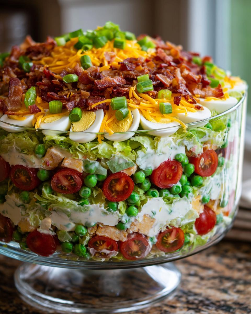 A beautiful 7 layer salad displayed in a clear glass trifle bowl, topped with eggs, cheese, bacon, and green onions.
