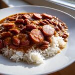 Close-up of a plate of savory beans and rice topped with slices of smoked sausage.
