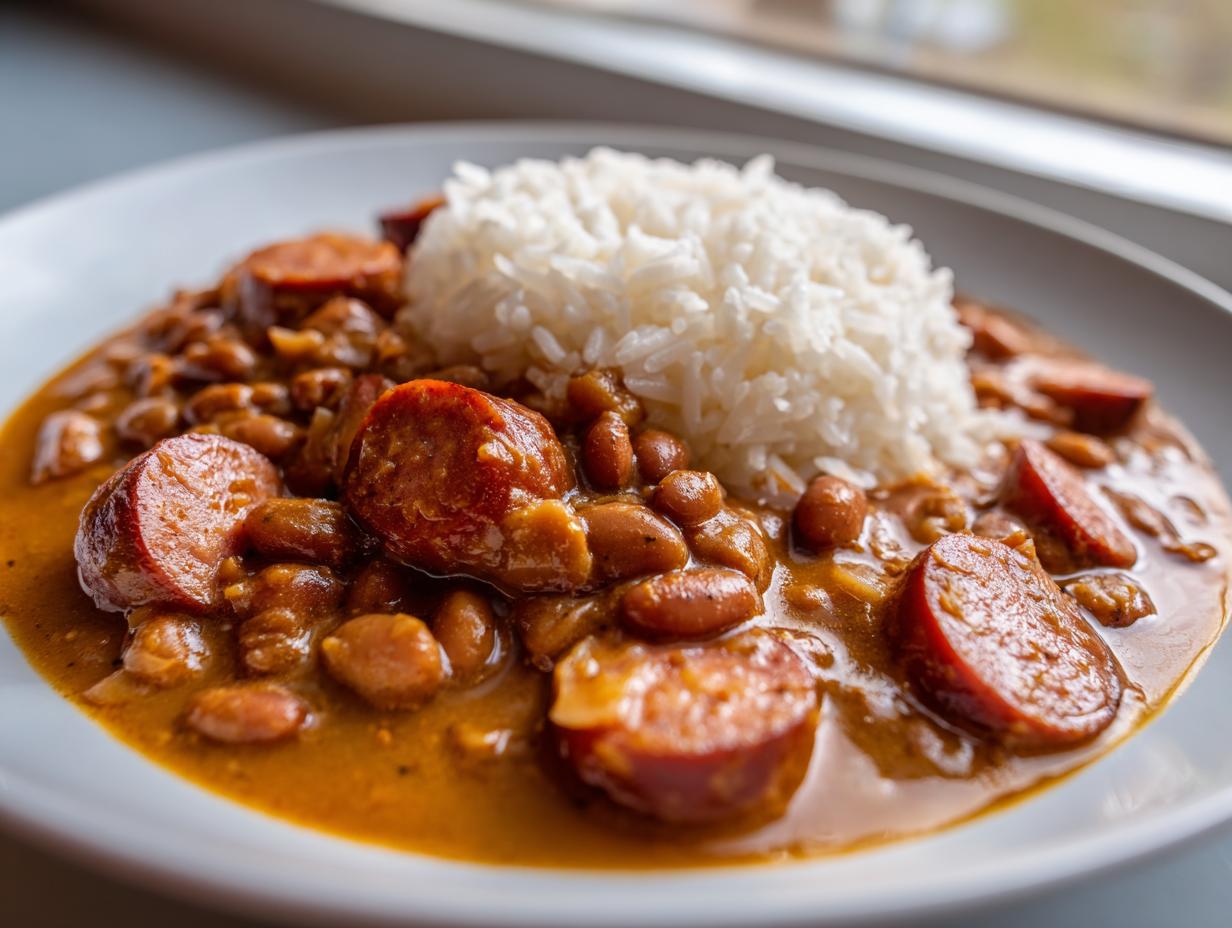 Close-up of a plate featuring soulful beans and rice topped with thick slices of smoked sausage.