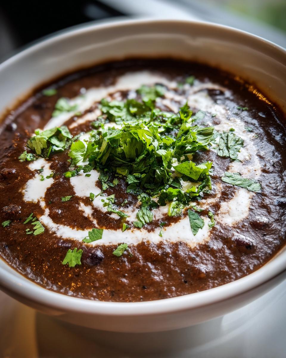 Close-up of thick, dark black bean soup garnished with a swirl of cream and fresh chopped cilantro.