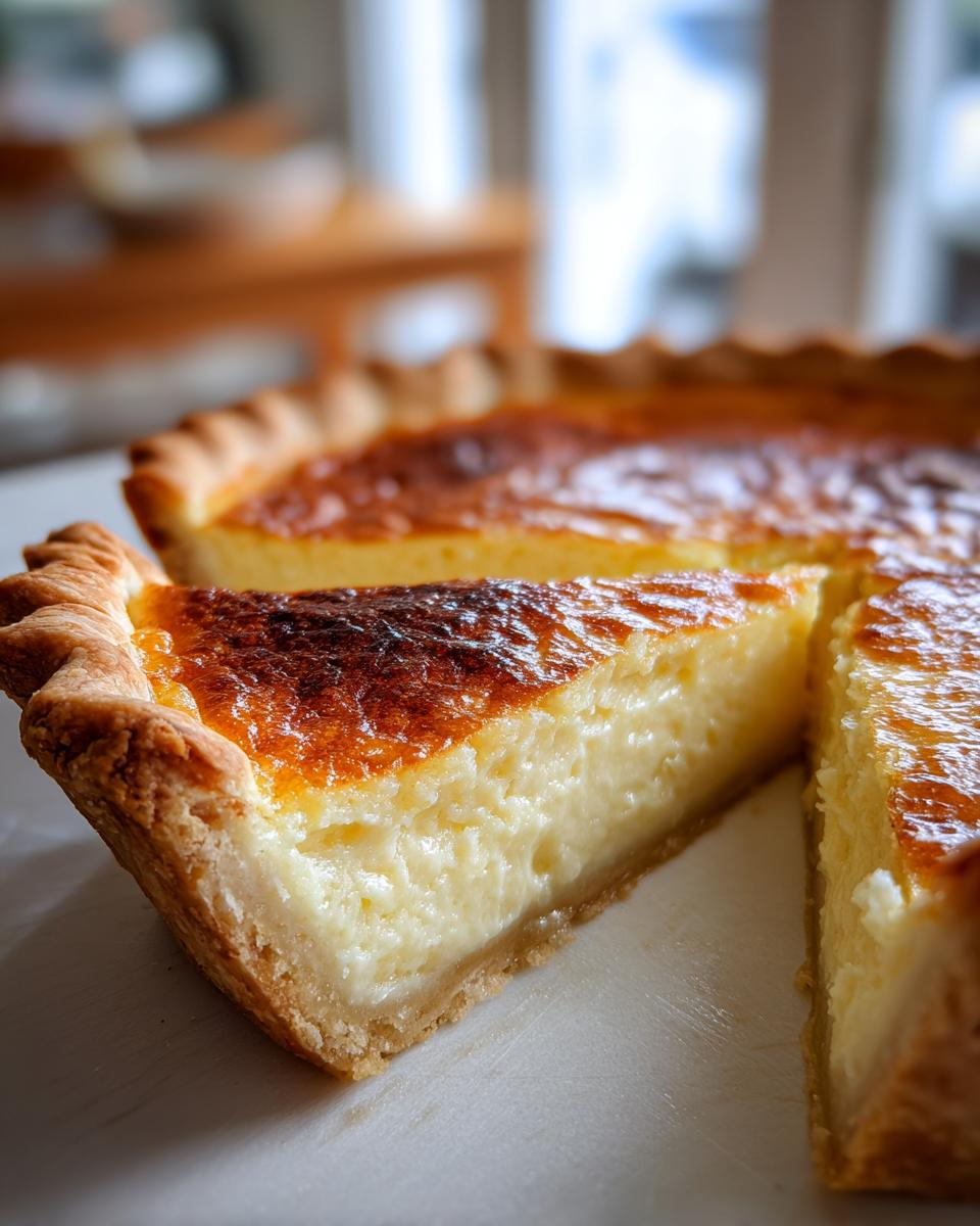 Close-up of a slice of amazing buttermilk pie showing the creamy filling and browned top crust.