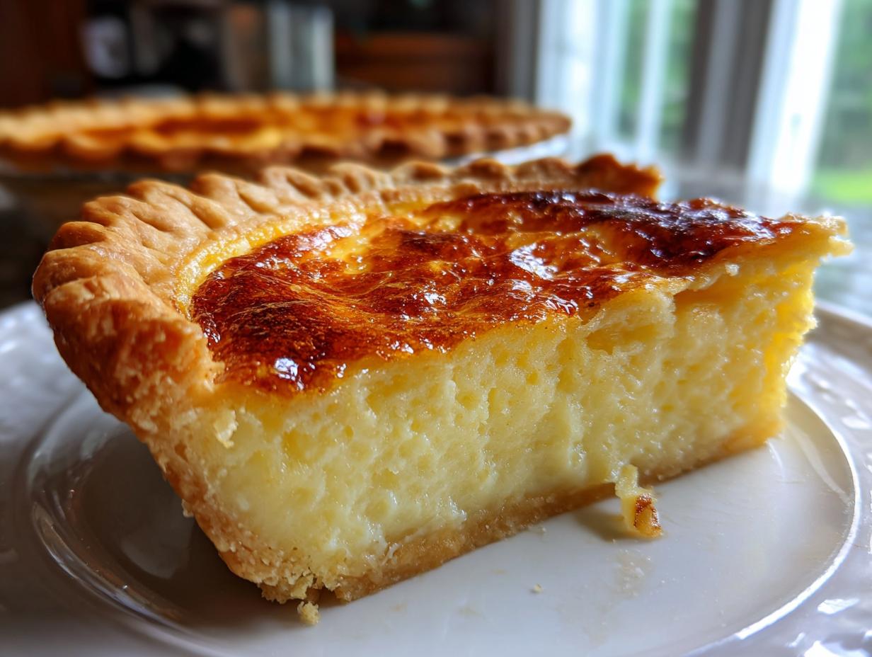 A close-up slice of amazing buttermilk pie featuring a creamy yellow filling and a deeply caramelized top crust.