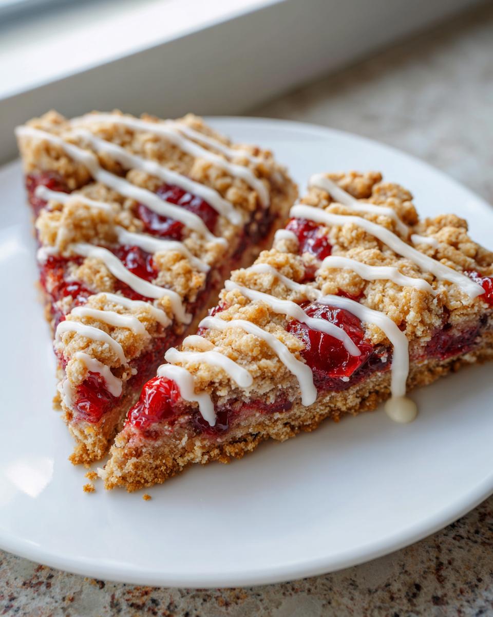 Two triangular slices of amazing cherry pie bars featuring a crumb topping and white icing drizzle on a white plate.