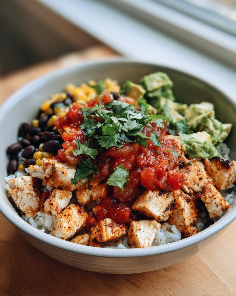 A close-up of a vibrant chicken burrito bowl featuring seasoned chicken, rice, black beans, corn, salsa, and avocado.
