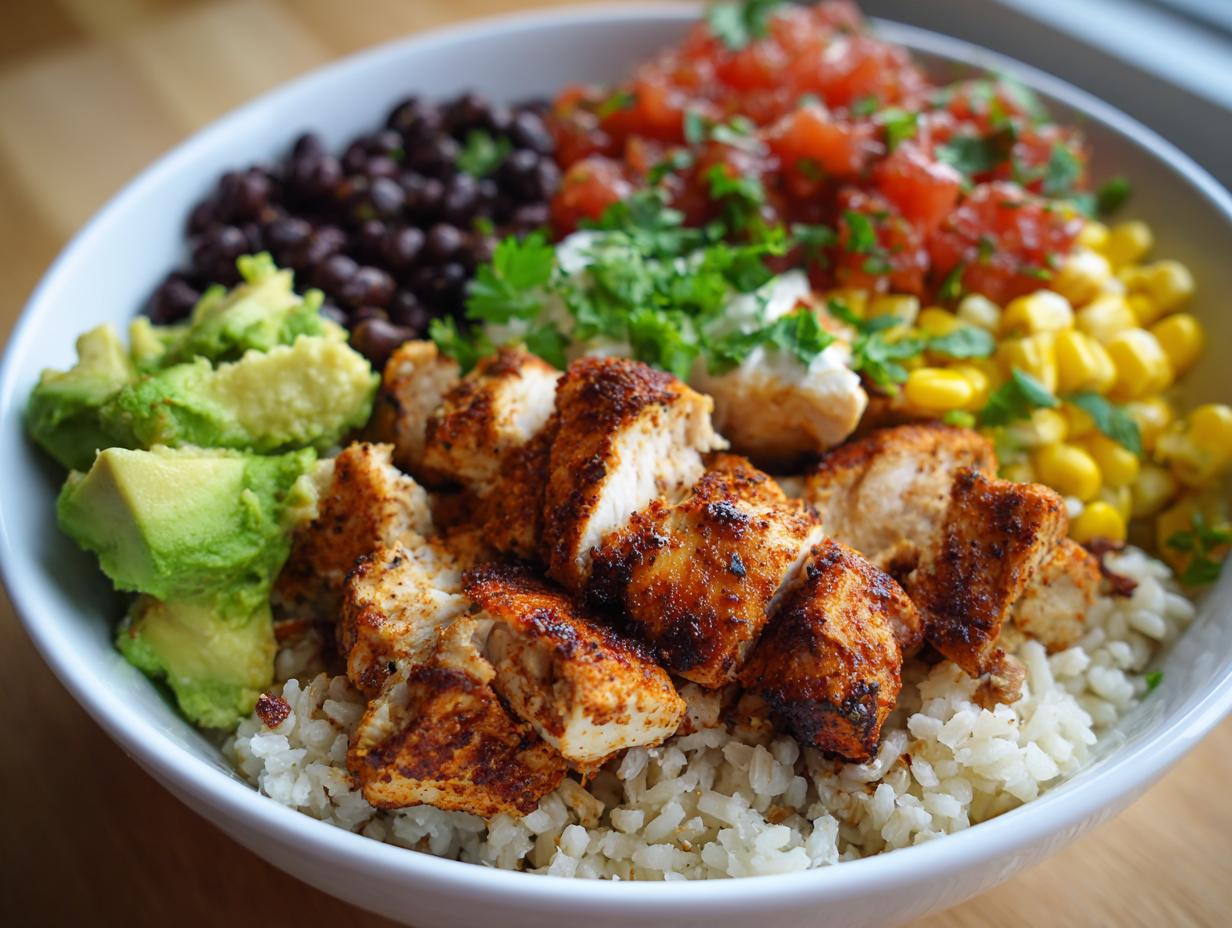 A vibrant bowl featuring seasoned chicken pieces over rice, topped with avocado, black beans, corn, and salsa for a chicken burrito bowl.