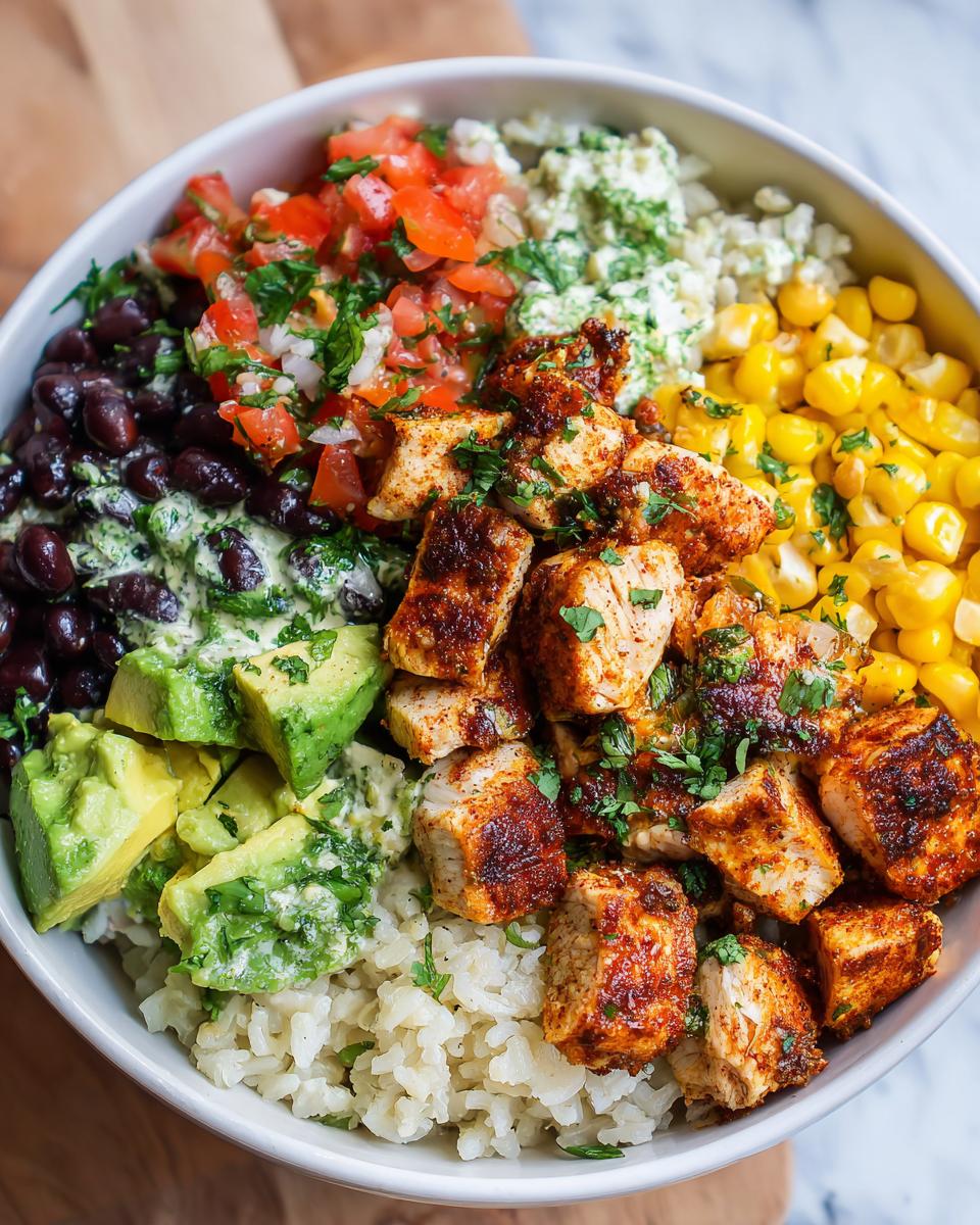 Overhead view of a vibrant chicken burrito bowl featuring seasoned chicken, rice, corn, black beans, and pico de gallo.
