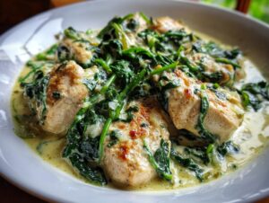 Close-up of seared chicken breasts smothered in creamy sauce and wilted spinach, showcasing the amazing chicken florentine.