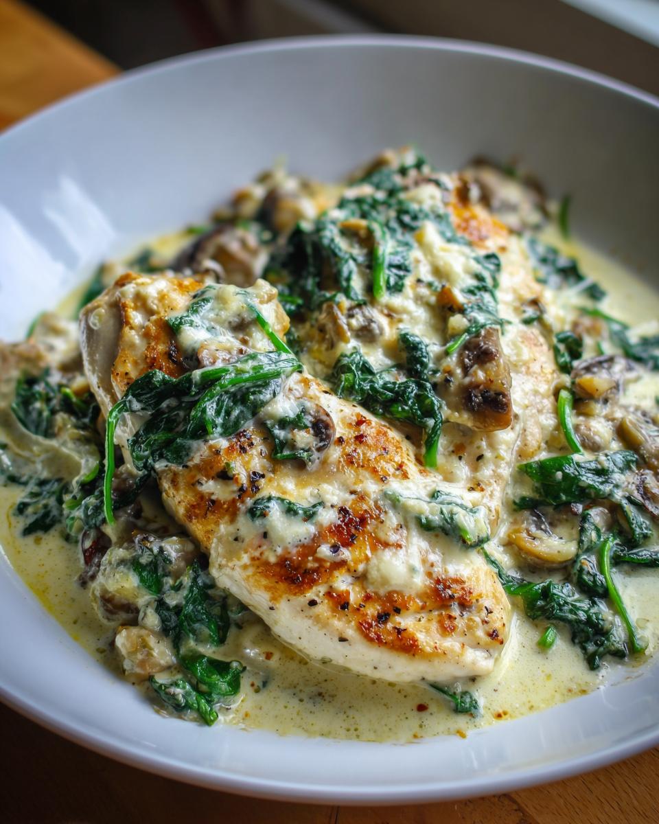 Close-up of pan-seared chicken florentine breasts covered in a rich, creamy sauce with spinach and mushrooms.