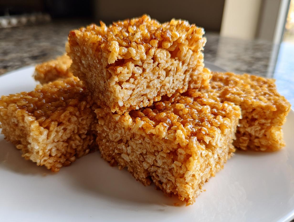 Close-up of four golden brown, chewy squares of crispy rice treats stacked on a white plate.