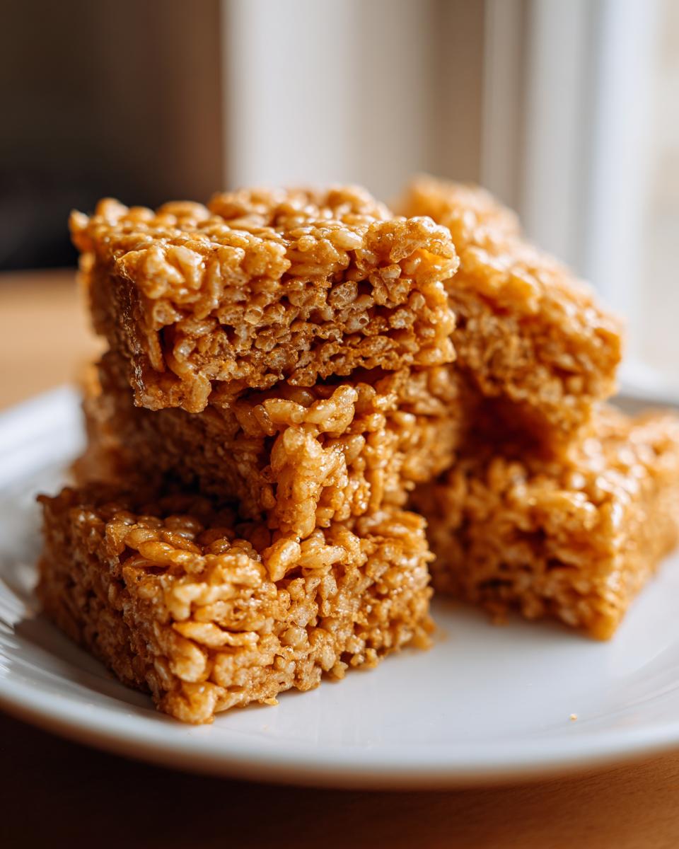 A stack of golden brown, chewy crispy rice treats on a white plate.