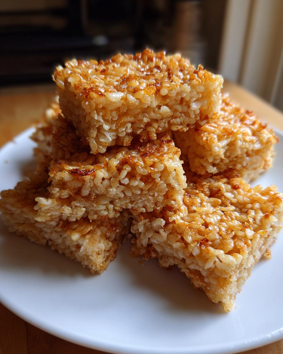 A stack of golden brown, caramelized crispy rice squares served on a white plate.
