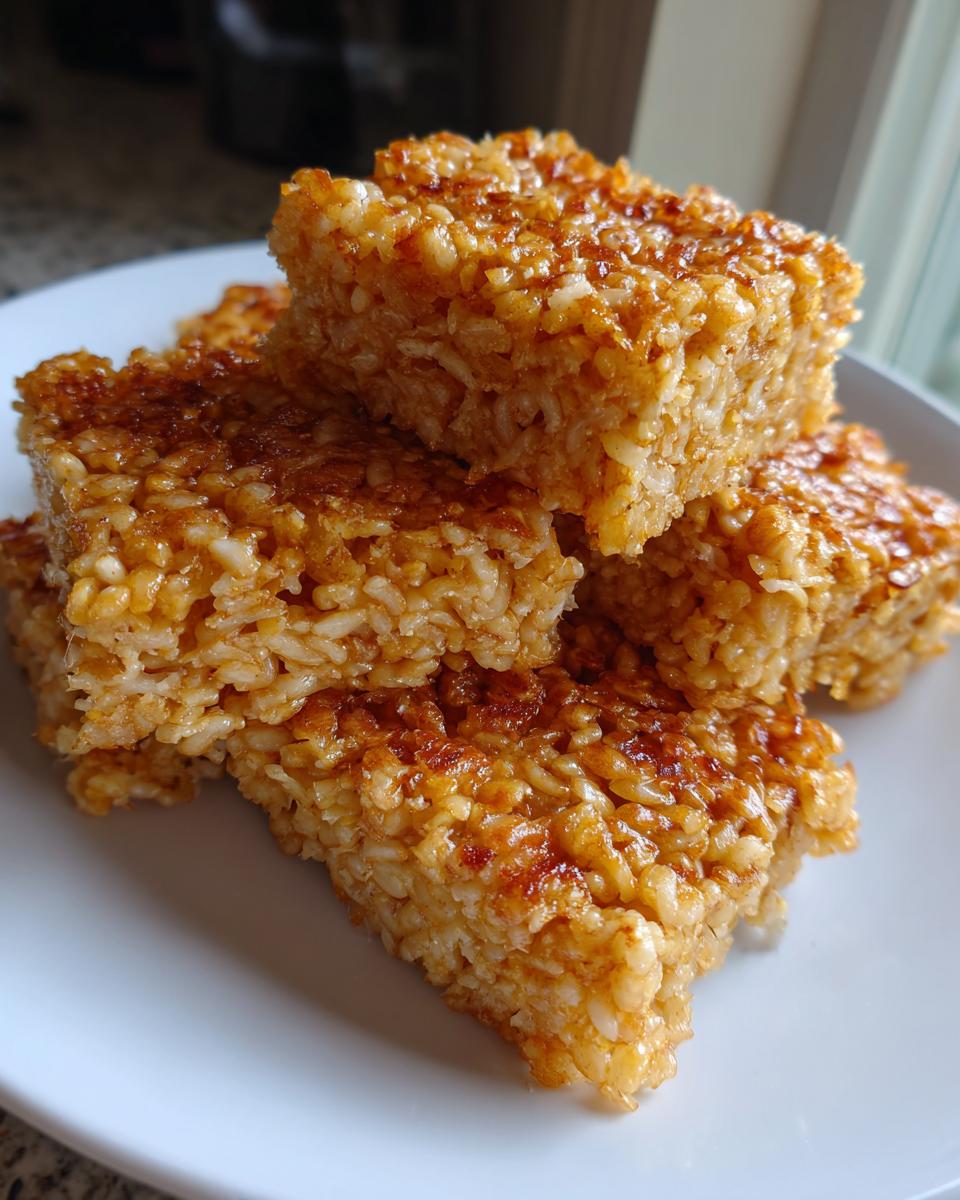 A stack of golden brown, chewy crispy rice treats cut into squares, ready to eat.