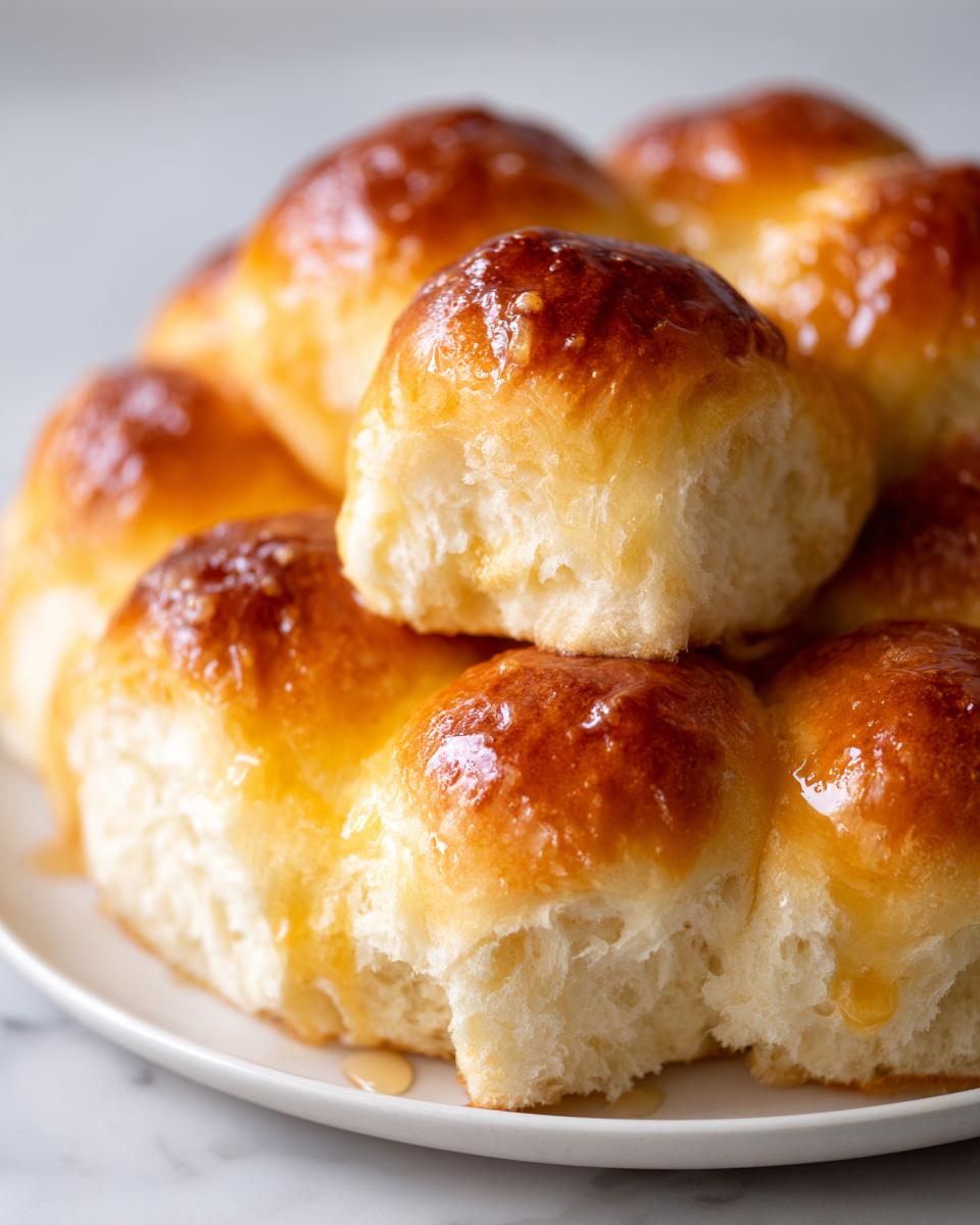 A stack of golden brown, fluffy dinner rolls generously brushed with a shiny honey glaze.