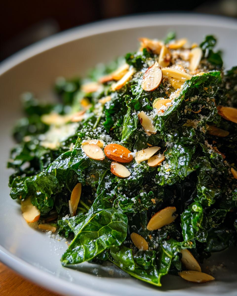 Close-up of a vibrant, dark green kale salad topped with sliced almonds and grated cheese.