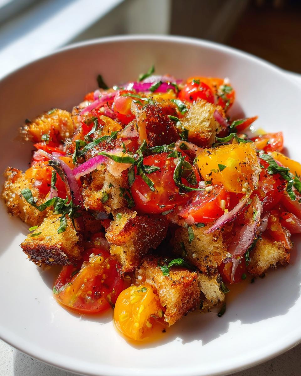 Close-up of a vibrant panzanella salad featuring toasted bread chunks, halved cherry tomatoes, and red onion slices.