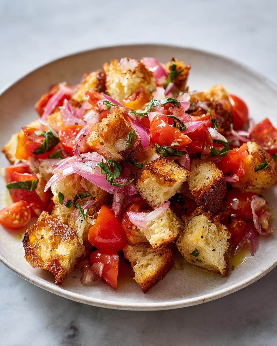 Close-up of a delicious panzanella salad featuring toasted bread cubes, ripe tomatoes, and red onion.