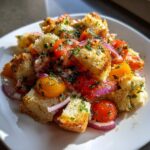 Close-up of a serving of panzanella salad featuring toasted bread cubes, cherry tomatoes, red onion, and herbs.
