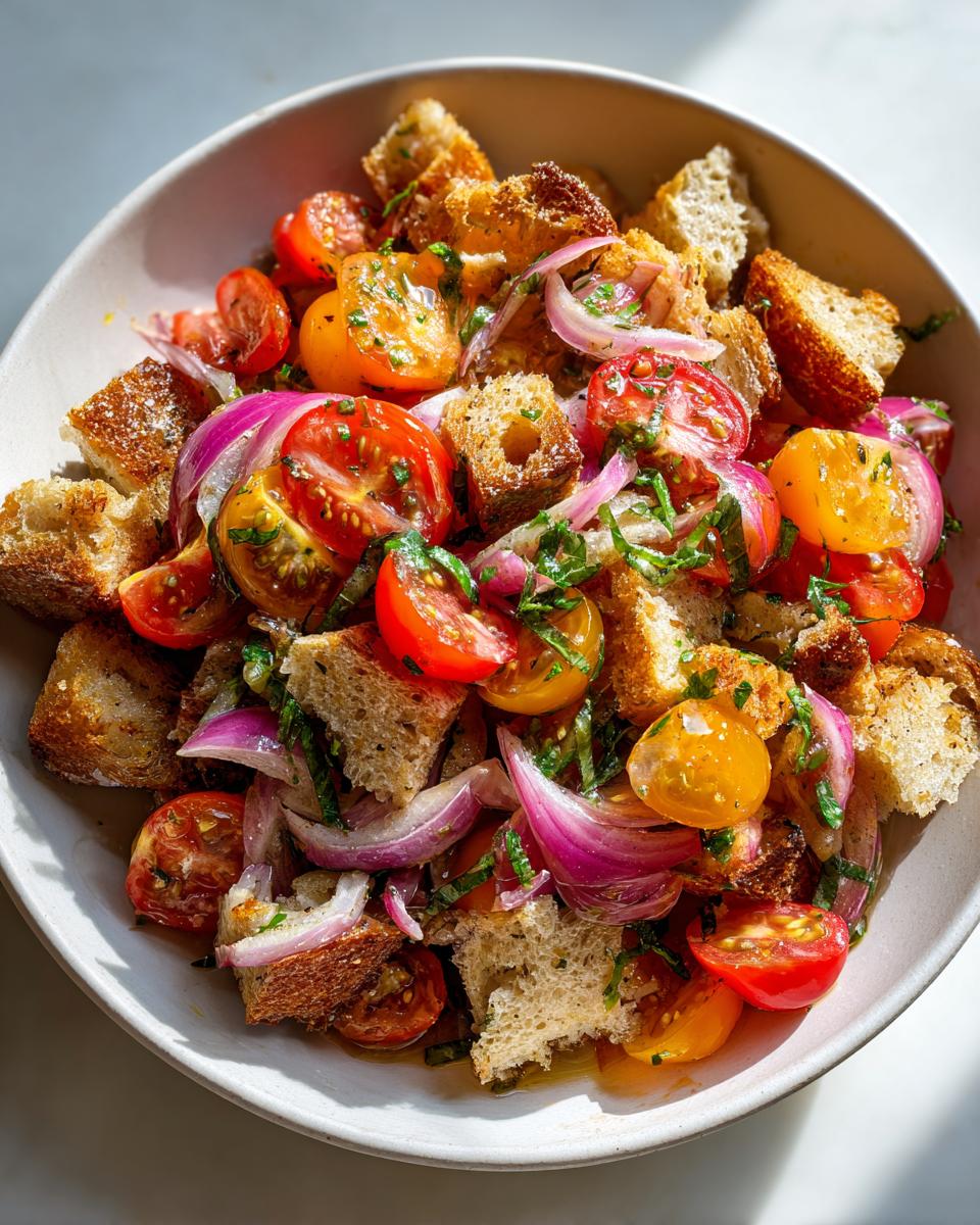 A close-up overhead view of a bowl filled with amazing panzanella salad featuring toasted bread cubes, halved cherry tomatoes, and sliced red onion.
