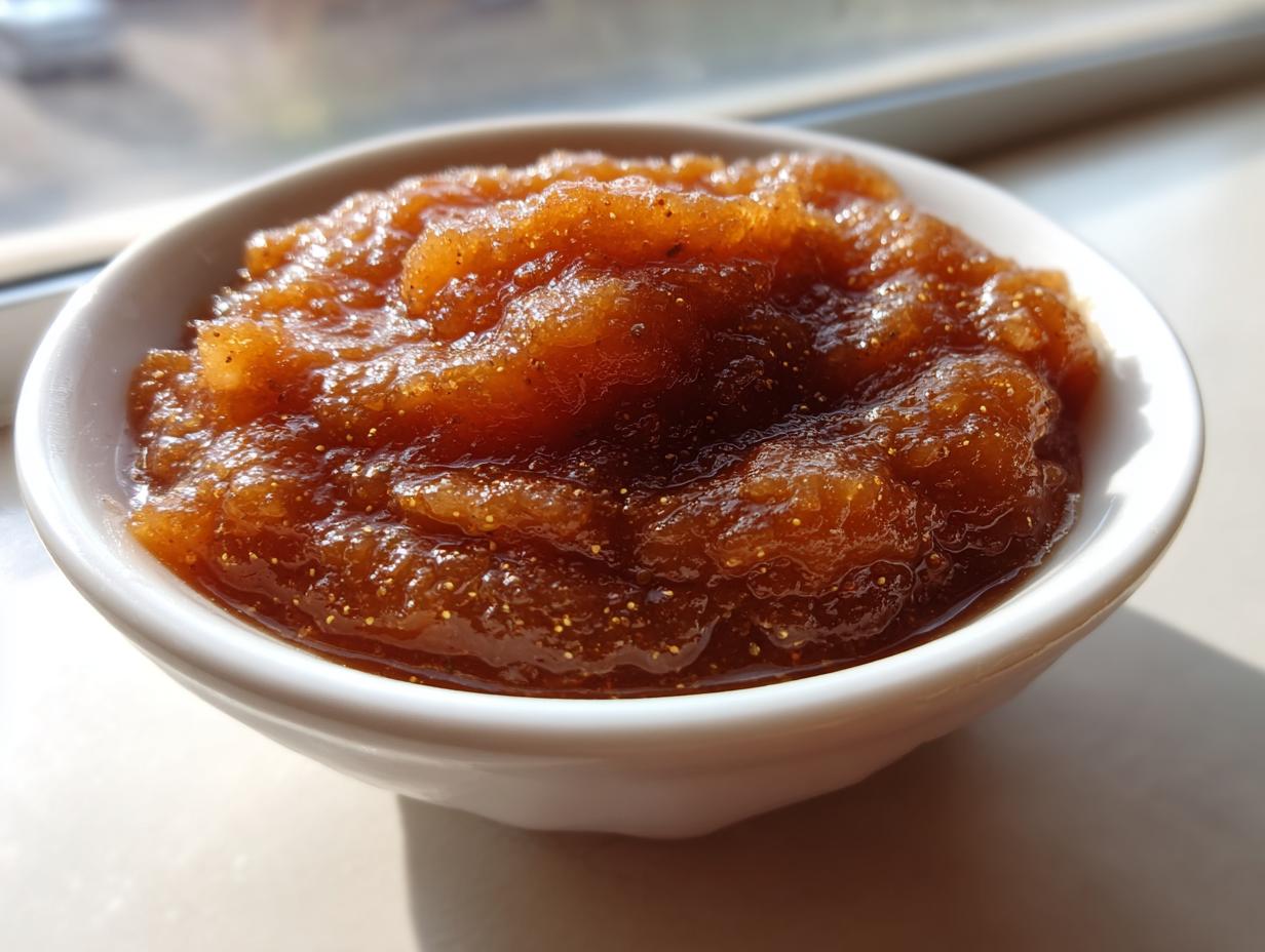 Close-up of thick, dark brown homemade pear butter served in a small white bowl, glistening in the sunlight.