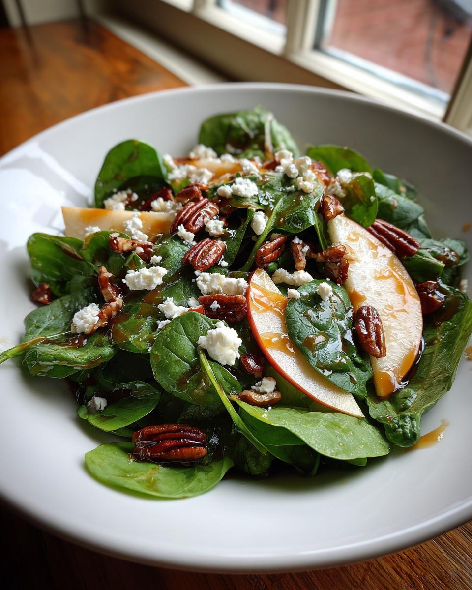 A close-up view of a vibrant pear salad featuring spinach, sliced pears, pecans, feta cheese, and balsamic glaze.