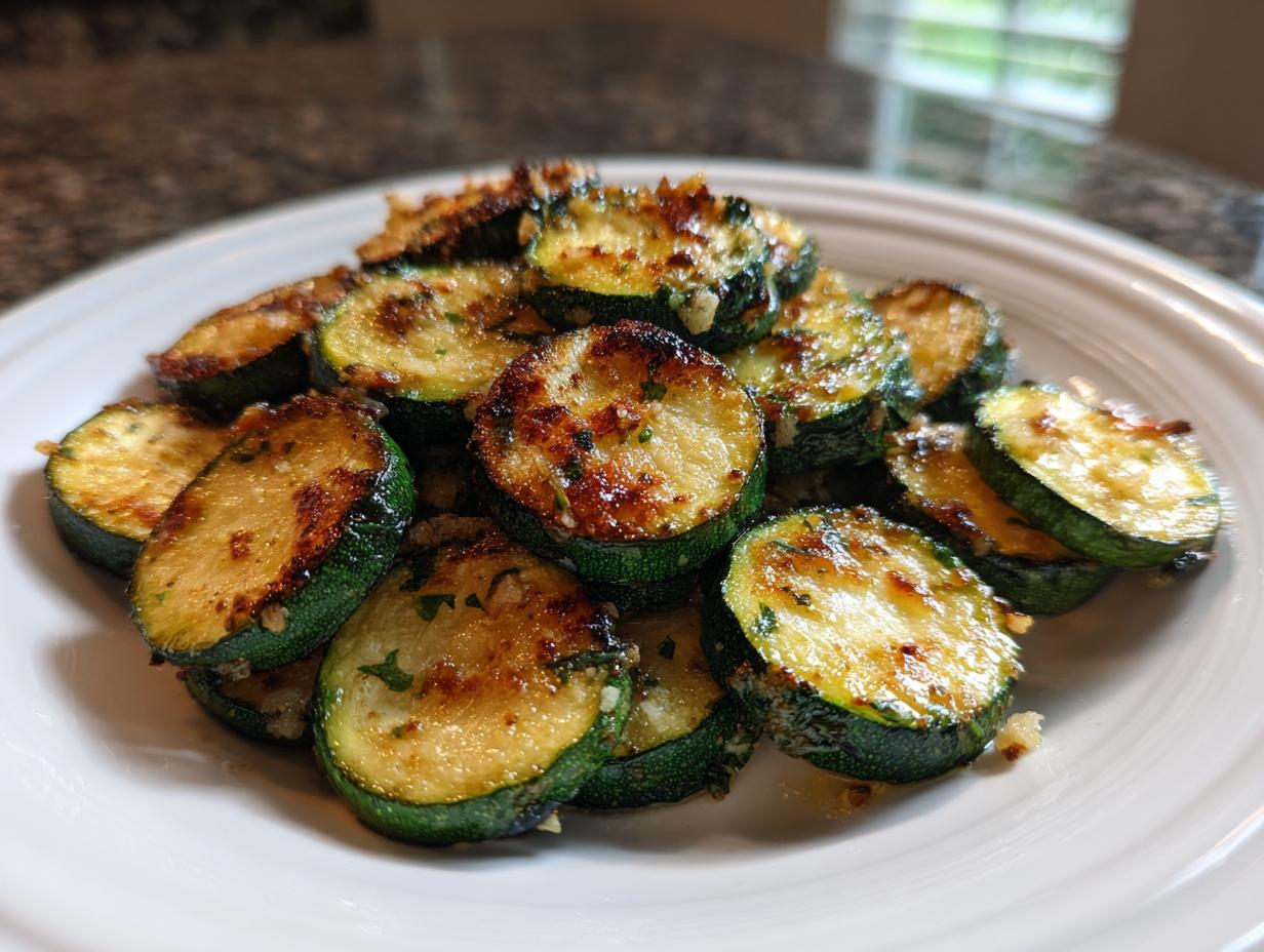 Close-up of golden brown, caramelized sauteed zucchini rounds seasoned with herbs on a white plate.